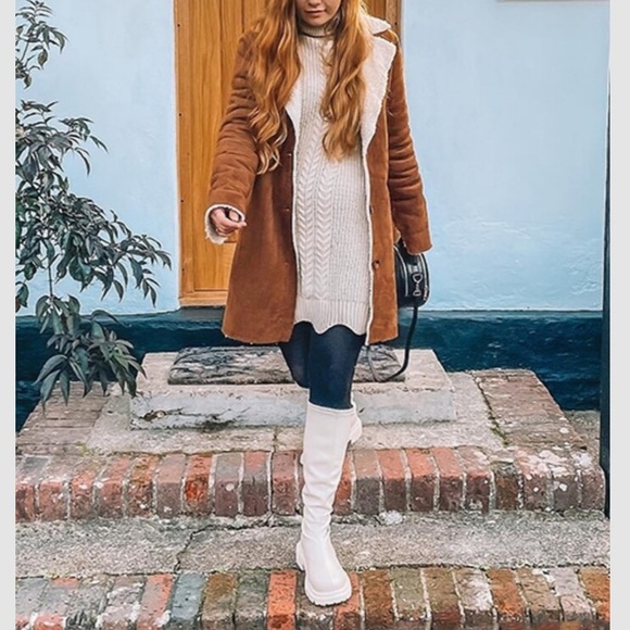 Cozy Camel Tan Sherpa Lined Vegan Suede Jacket Coat - Picture 2 of 6